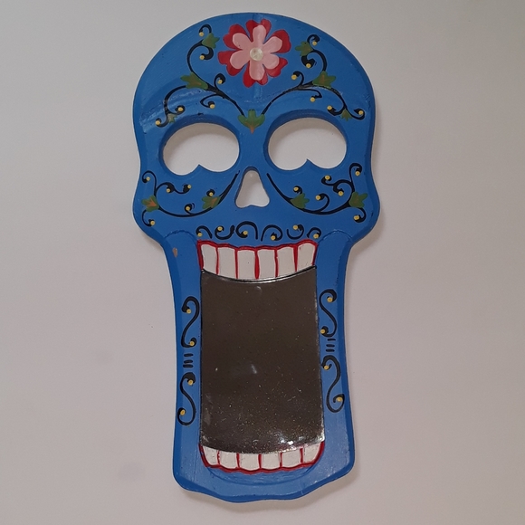 Sugar Skull Dia de los Muertos Day of the Dead Wall Mirror Plaque - Blue - Picture 3 of 4